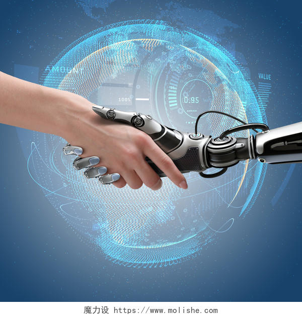 机器人和人握手网络通信设计概念团结握手团结手势美好未来合作平台